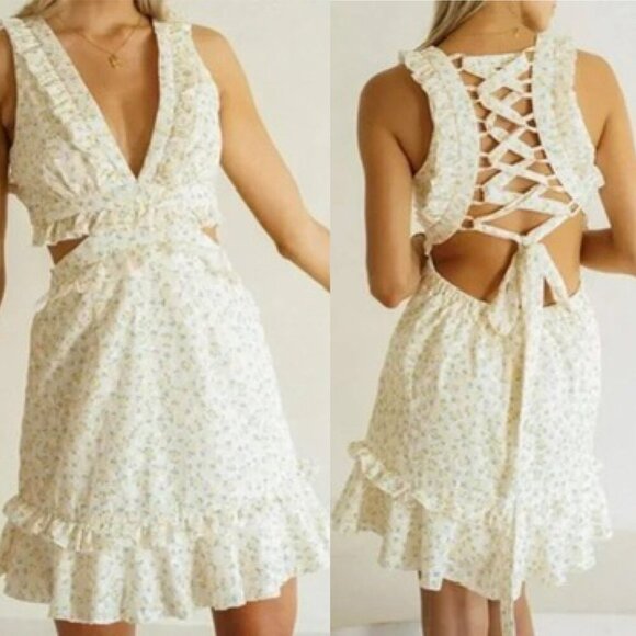 Mable Lexi Eyelet Lace Up Ruffle Cut Out Mini Dress Yellow Floral Size Small - Picture 1 of 12